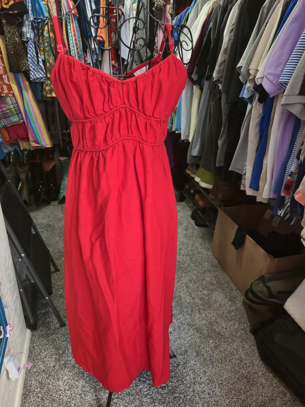 Red Sleeveless Elastic-Waist Women's Dress